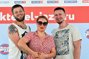 Guru Groove Foundation (Russia) members: sax player Yegor Shamanin, frontwoman Tatyana Shamanina and sound producer Gennady Lagutin at a news conference on the opening of the Koktebel Jazz Party 2019 International Jazz Festival