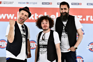 From left: Billy’s Band members Billy Novik, Andrei Reznikov and Mikhail Zhidkikh at the news conference at the Koktebel Jazz Party festival